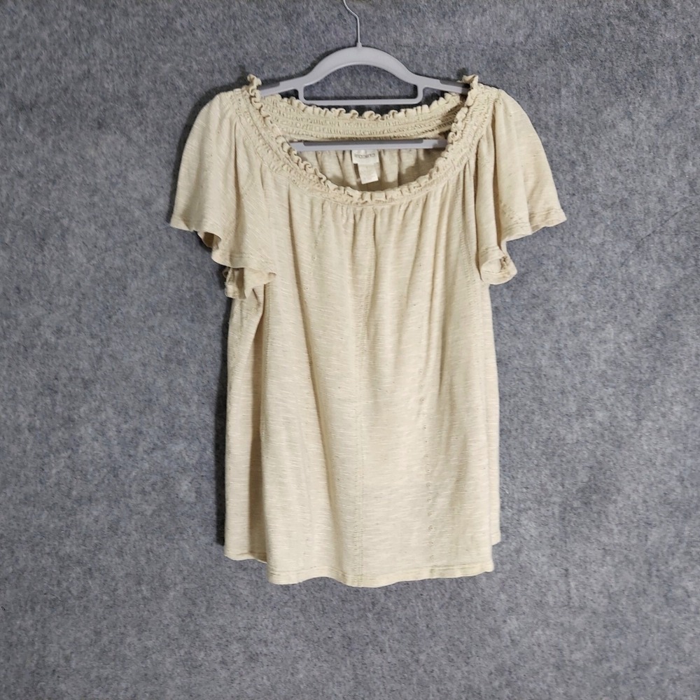 Chicos M 1 Top Neutral Soft Linen Relaxed Embroidery Smocked Breathable Easy Fit